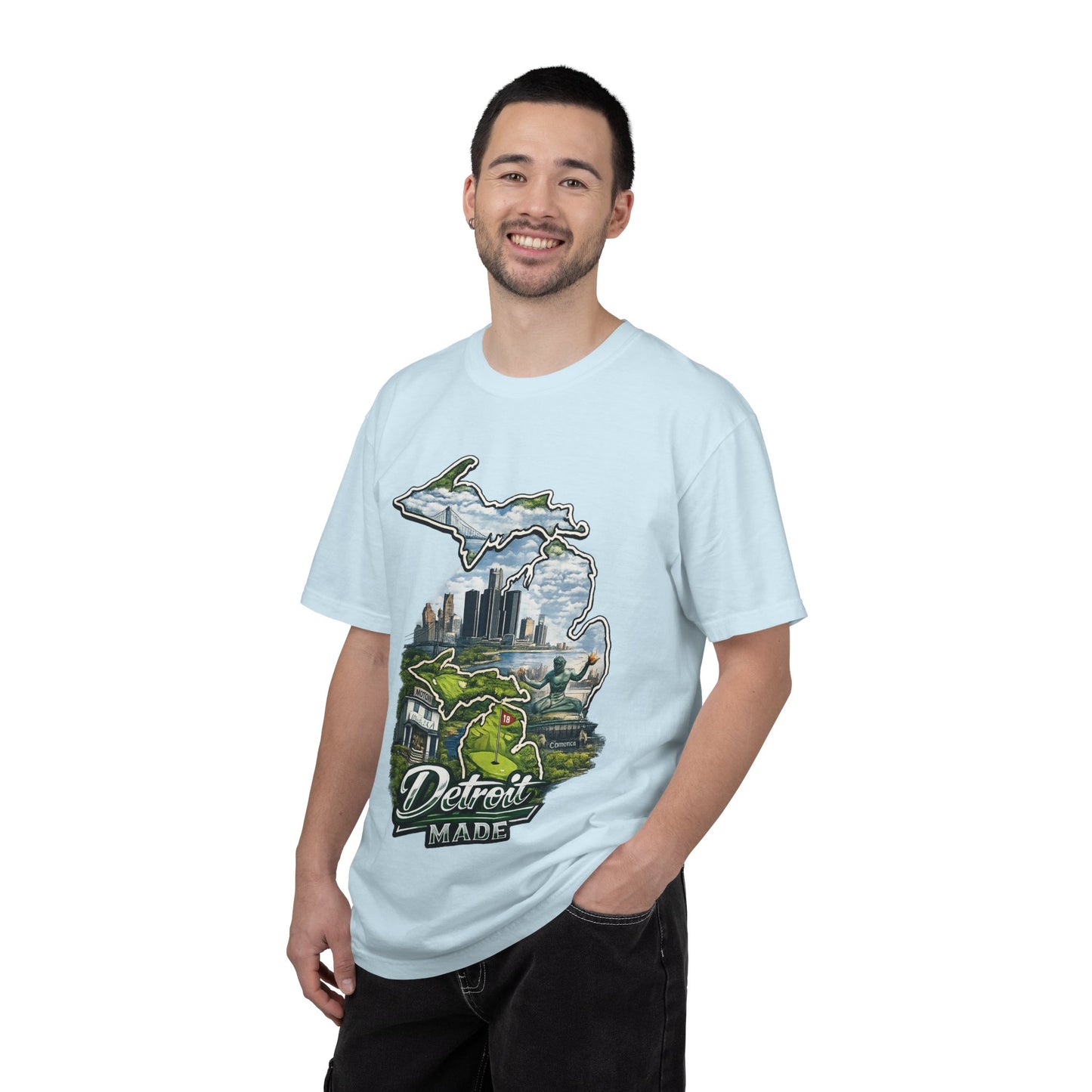 Detroit Made Michigan T-Shirt — State Outline with Detroit Skyline & Parks