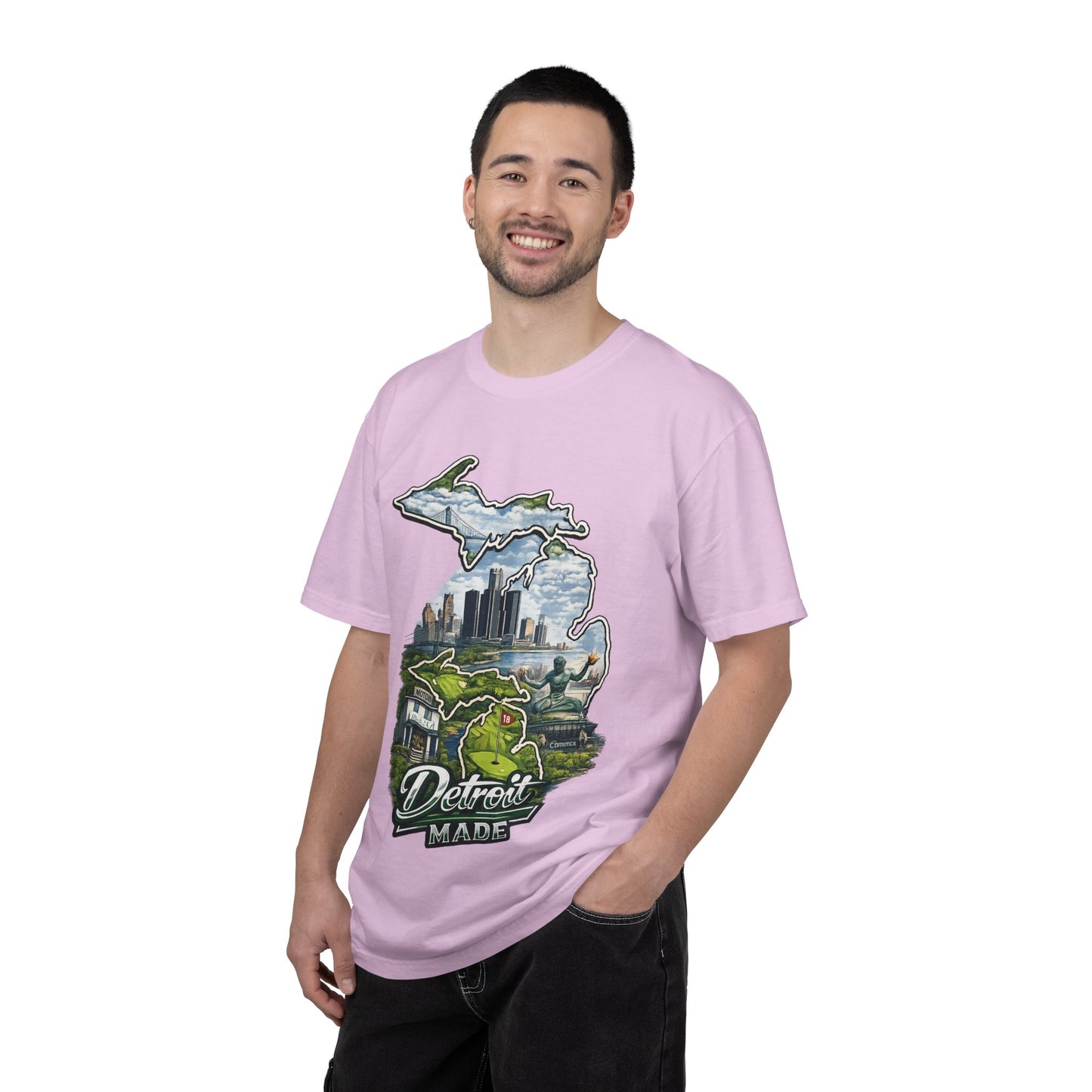 Detroit Made Michigan T-Shirt — State Outline with Detroit Skyline & Parks