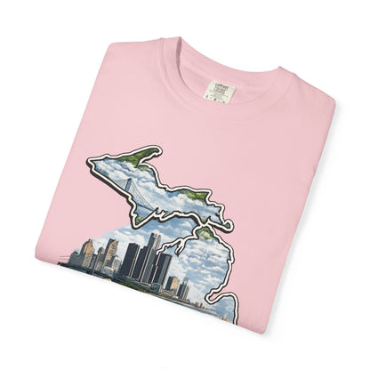 Detroit Made Michigan T-Shirt — State Outline with Detroit Skyline & Parks