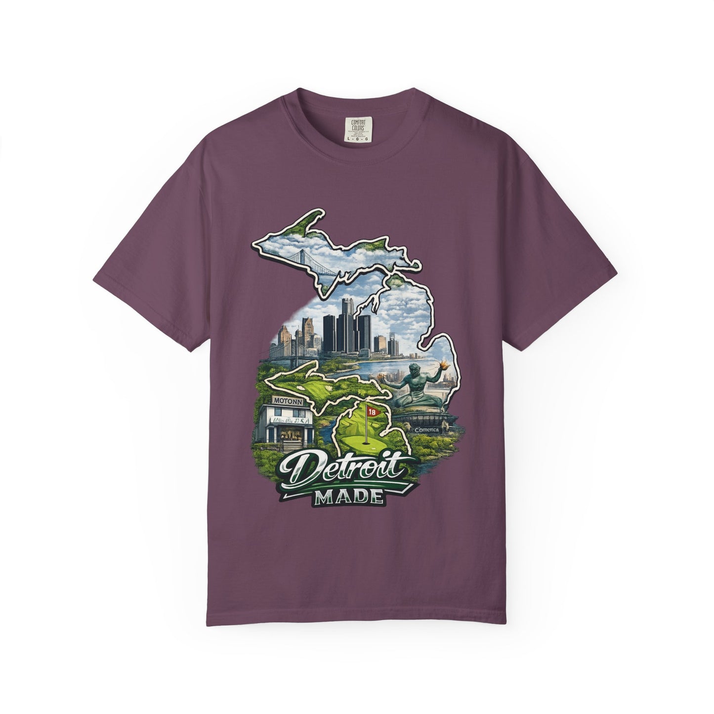 Detroit Made Michigan T-Shirt — State Outline with Detroit Skyline & Parks