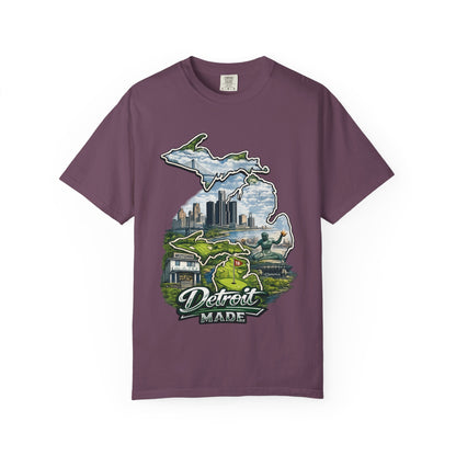 Detroit Made Michigan T-Shirt — State Outline with Detroit Skyline & Parks
