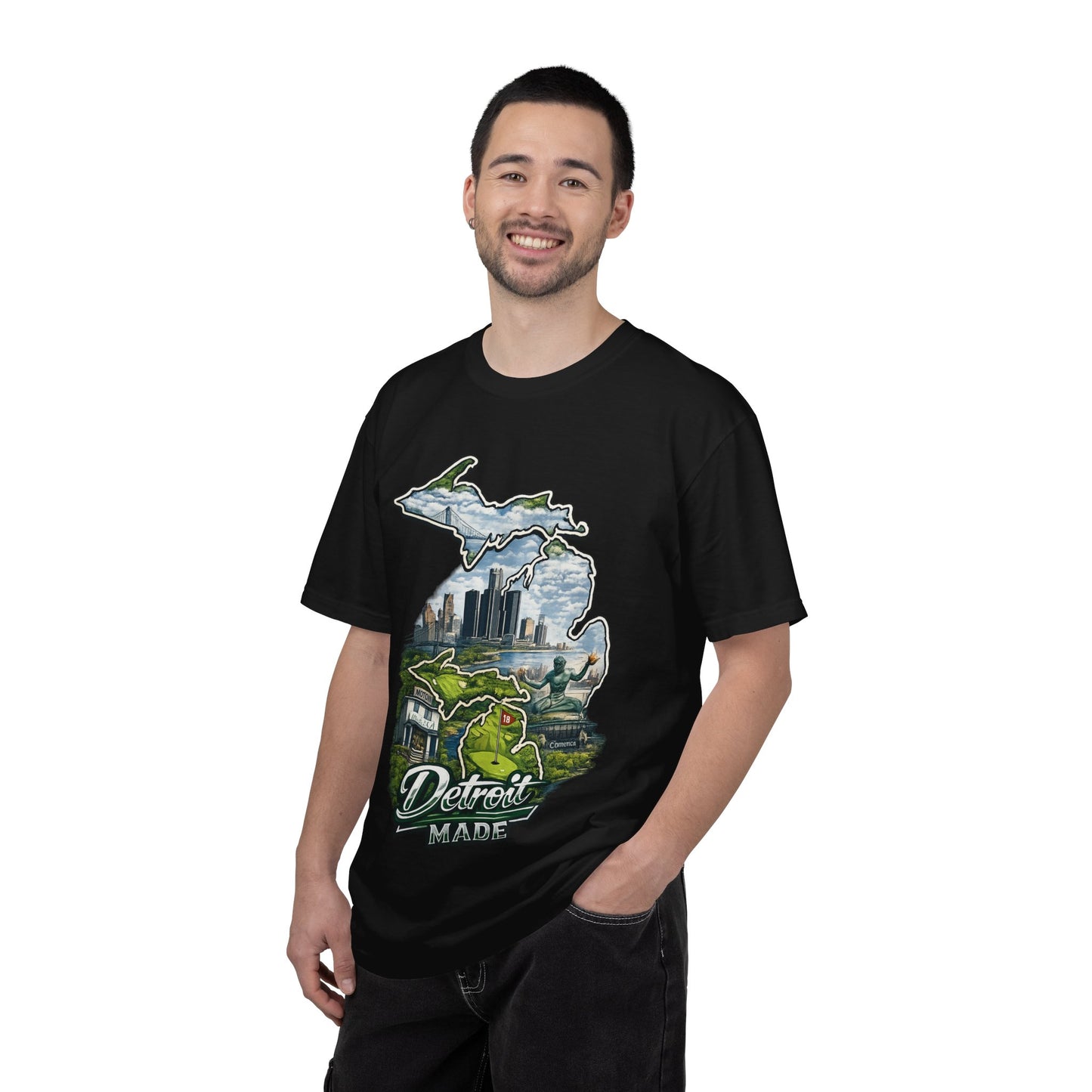 Detroit Made Michigan T-Shirt — State Outline with Detroit Skyline & Parks