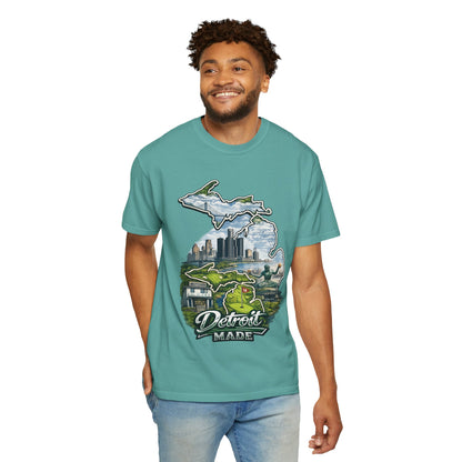 Detroit Made Michigan T-Shirt — State Outline with Detroit Skyline & Parks