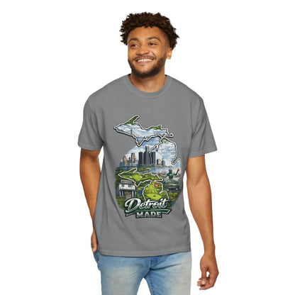 Detroit Made Michigan T-Shirt — State Outline with Detroit Skyline & Parks