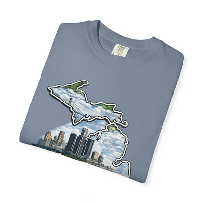 Detroit Made Michigan T-Shirt — State Outline with Detroit Skyline & Parks