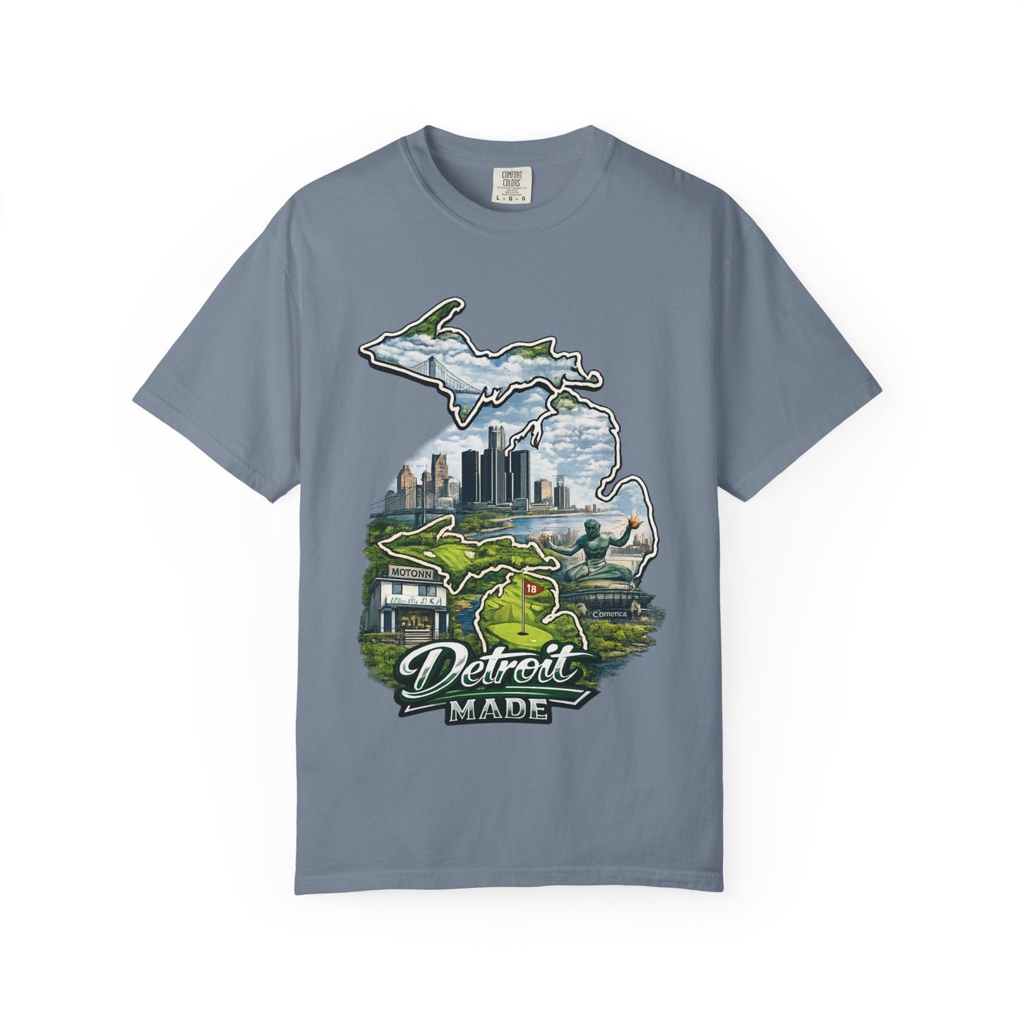 Detroit Made Michigan T-Shirt — State Outline with Detroit Skyline & Parks