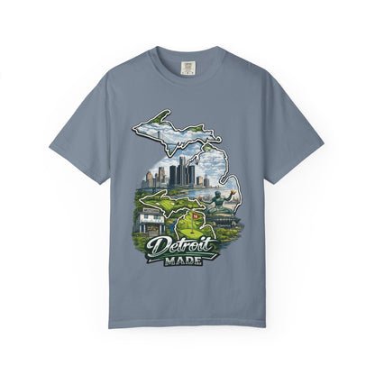 Detroit Made Michigan T-Shirt — State Outline with Detroit Skyline & Parks