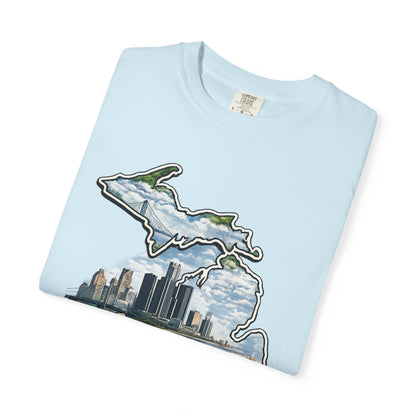 Detroit Made Michigan T-Shirt — State Outline with Detroit Skyline & Parks