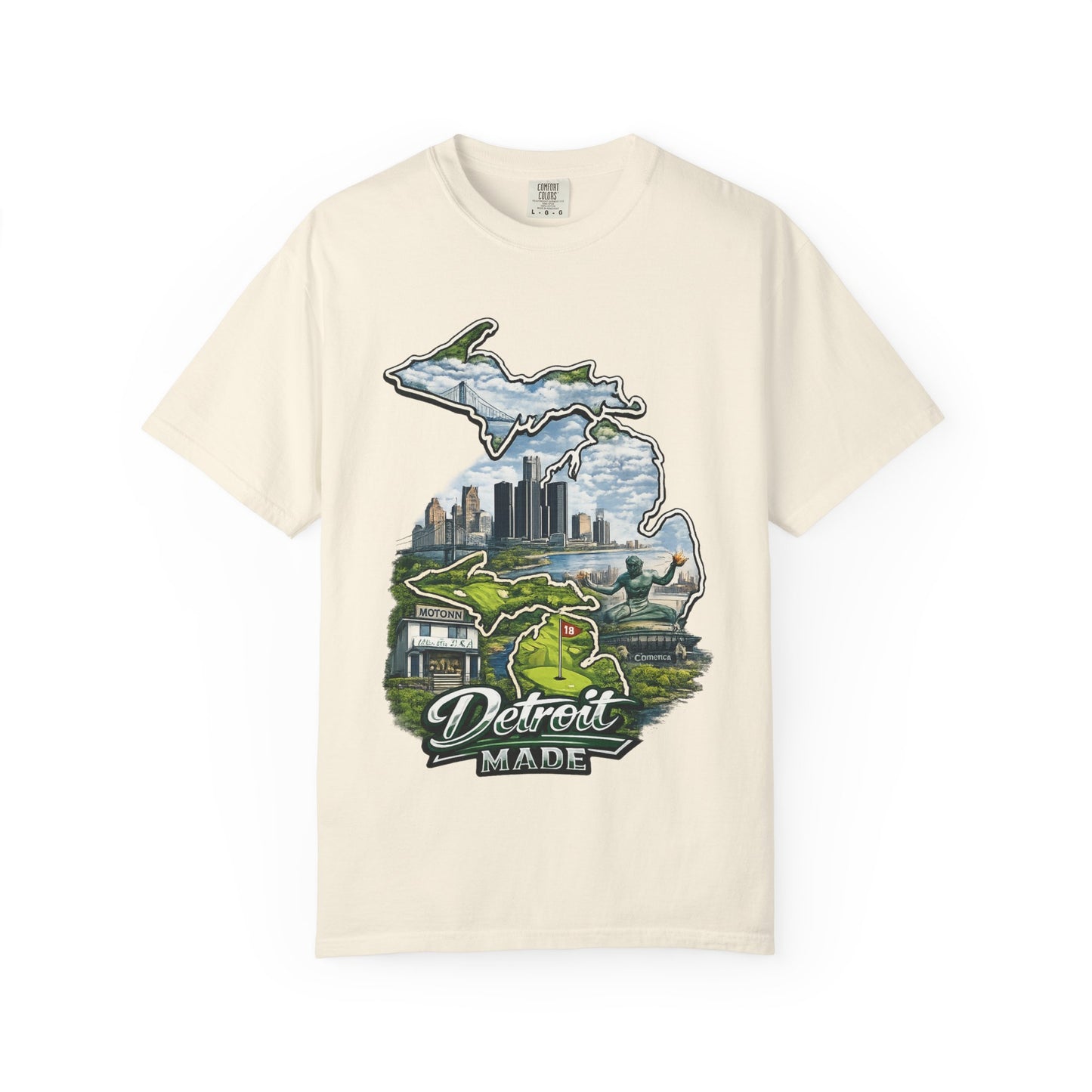 Detroit Made Michigan T-Shirt — State Outline with Detroit Skyline & Parks