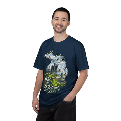 Detroit Made Michigan T-Shirt — State Outline with Detroit Skyline & Parks