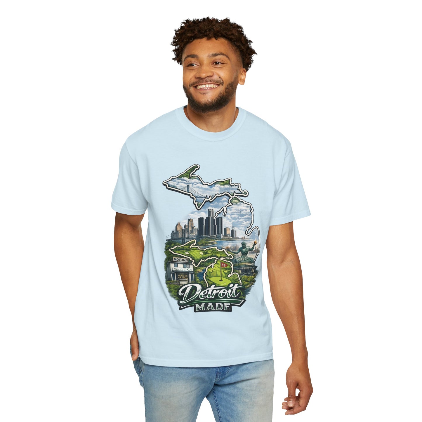 Detroit Made Michigan T-Shirt — State Outline with Detroit Skyline & Parks