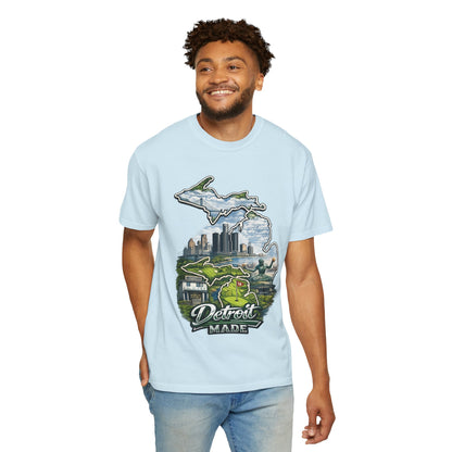 Detroit Made Michigan T-Shirt — State Outline with Detroit Skyline & Parks