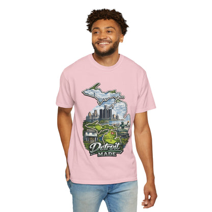 Detroit Made Michigan T-Shirt — State Outline with Detroit Skyline & Parks