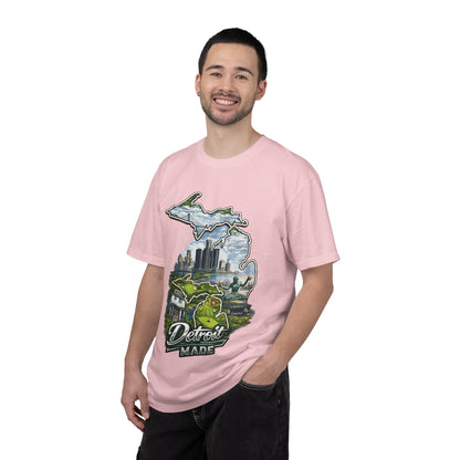 Detroit Made Michigan T-Shirt — State Outline with Detroit Skyline & Parks
