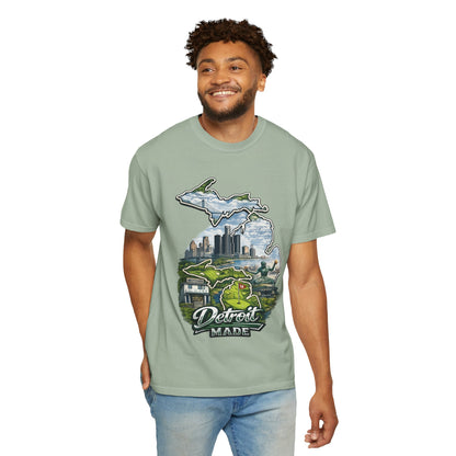 Detroit Made Michigan T-Shirt — State Outline with Detroit Skyline & Parks