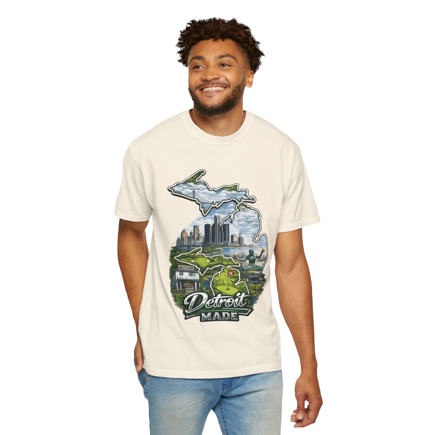 Detroit Made Michigan T-Shirt — State Outline with Detroit Skyline & Parks