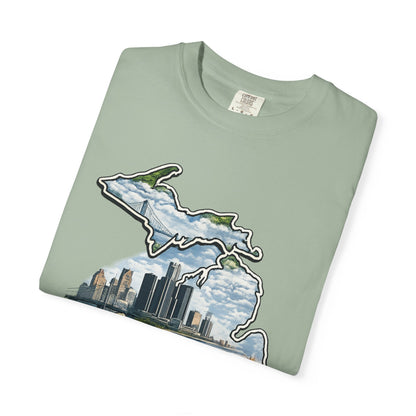 Detroit Made Michigan T-Shirt — State Outline with Detroit Skyline & Parks