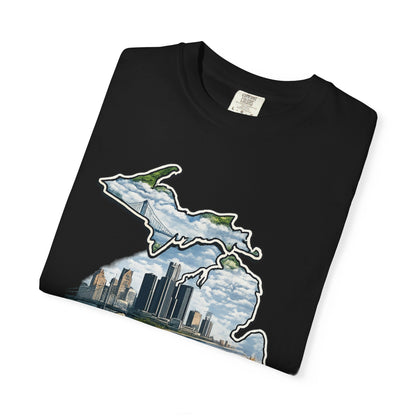 Detroit Made Michigan T-Shirt — State Outline with Detroit Skyline & Parks