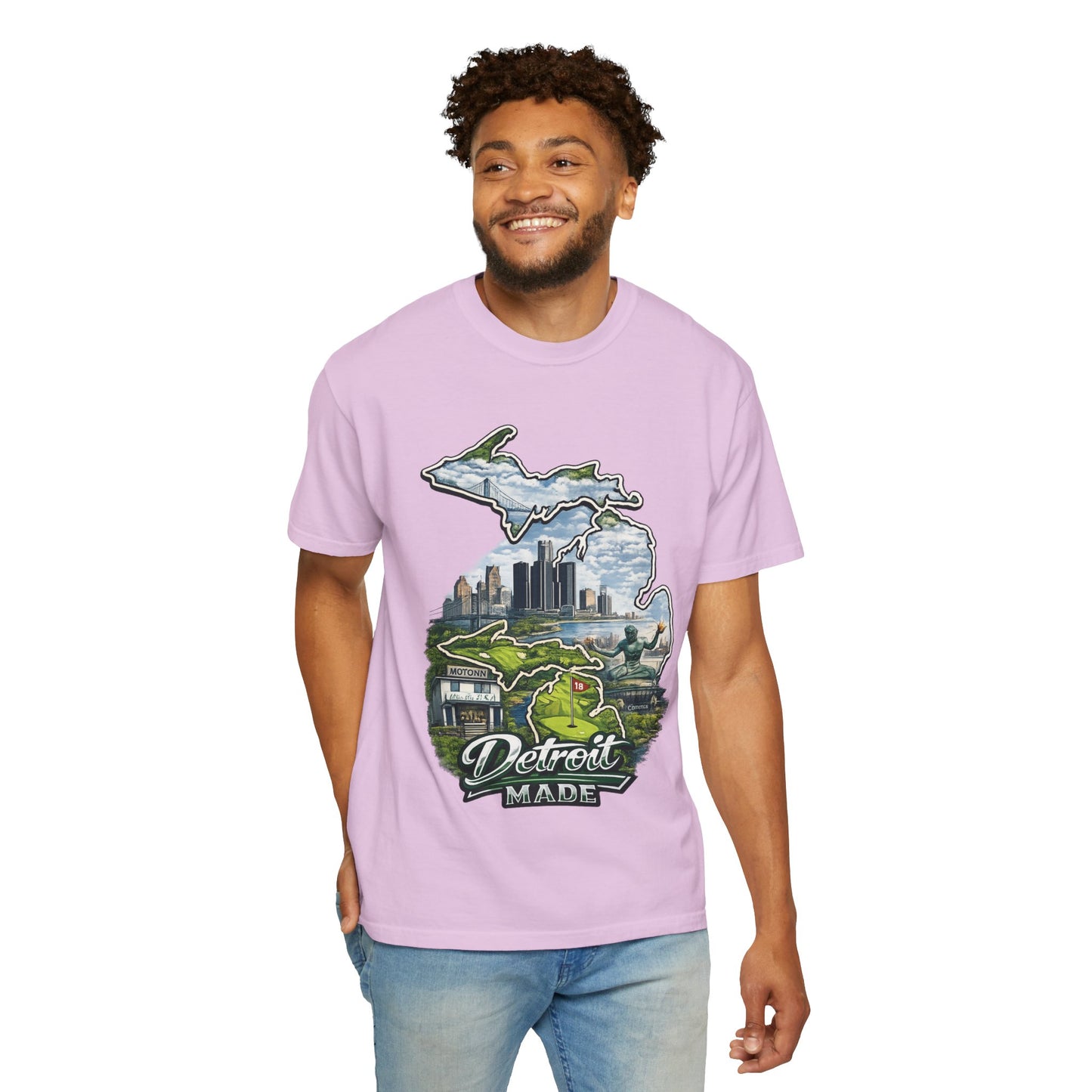 Detroit Made Michigan T-Shirt — State Outline with Detroit Skyline & Parks