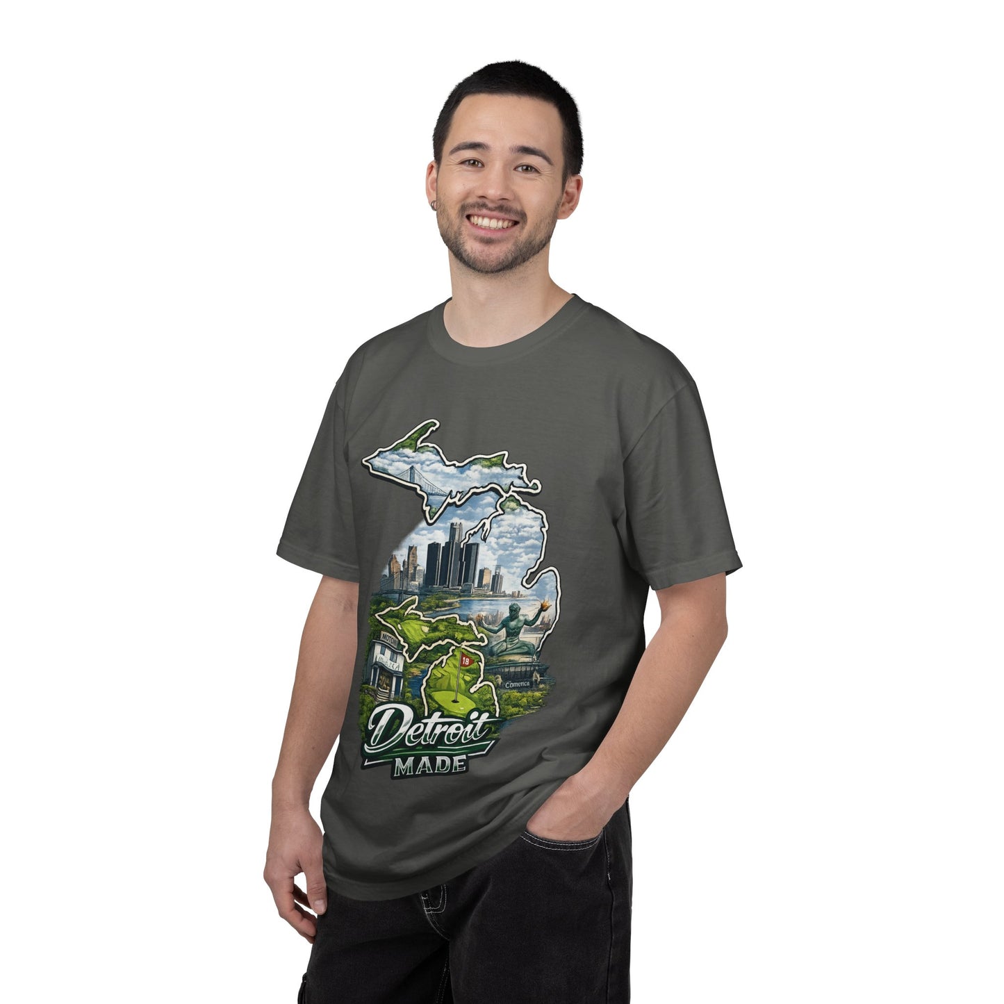 Detroit Made Michigan T-Shirt — State Outline with Detroit Skyline & Parks