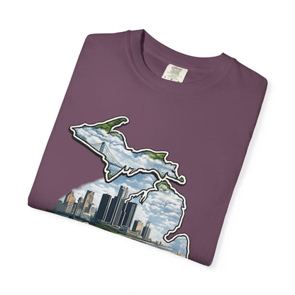 Detroit Made Michigan T-Shirt — State Outline with Detroit Skyline & Parks