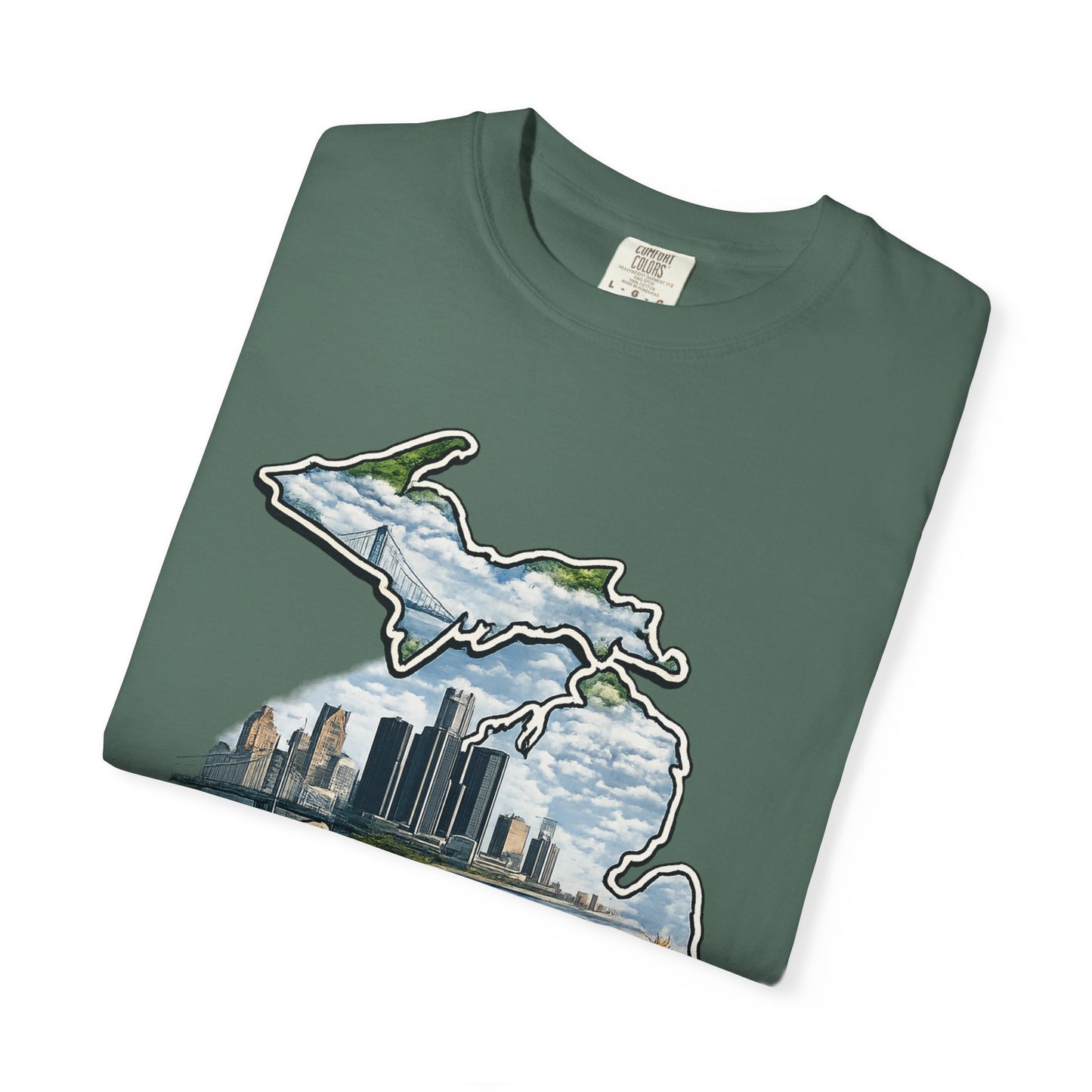 Detroit Made Michigan T-Shirt — State Outline with Detroit Skyline & Parks