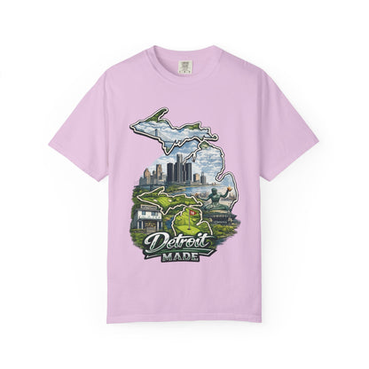 Detroit Made Michigan T-Shirt — State Outline with Detroit Skyline & Parks