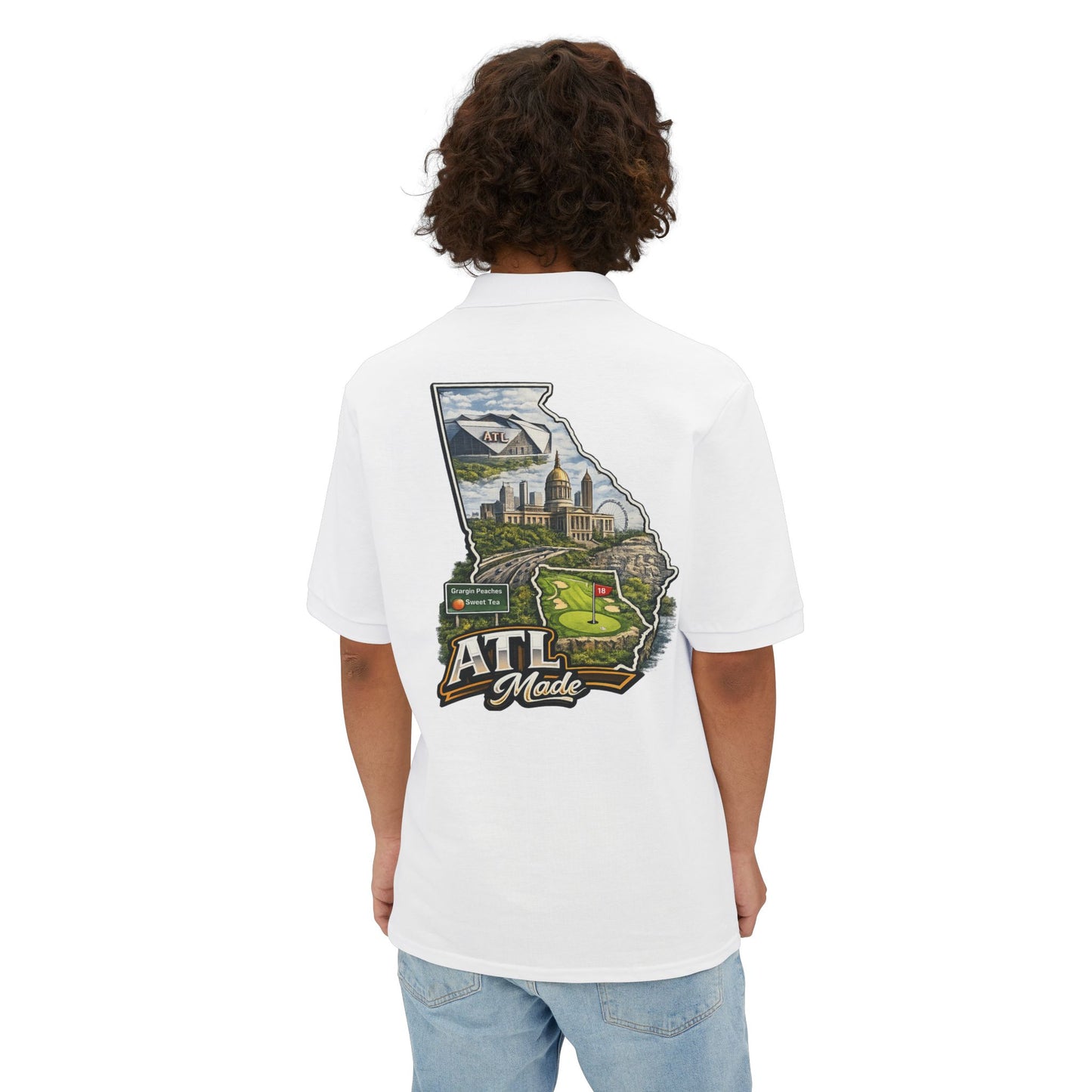 ATL Made Georgia Polo Shirt — Atlanta State Map Golf & Cityscape Chest Logo