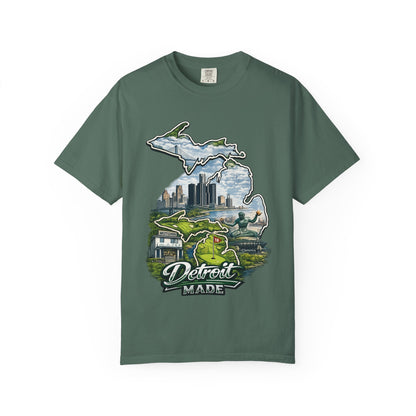 Detroit Made Michigan T-Shirt — State Outline with Detroit Skyline & Parks