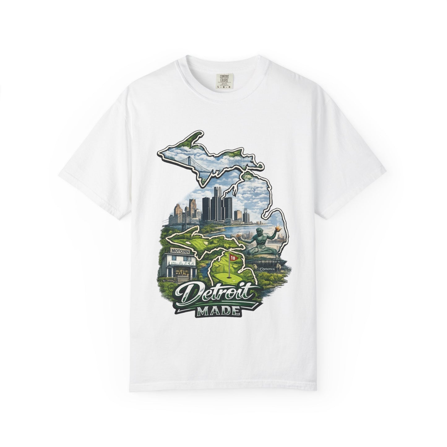 Detroit Made Michigan T-Shirt — State Outline with Detroit Skyline & Parks