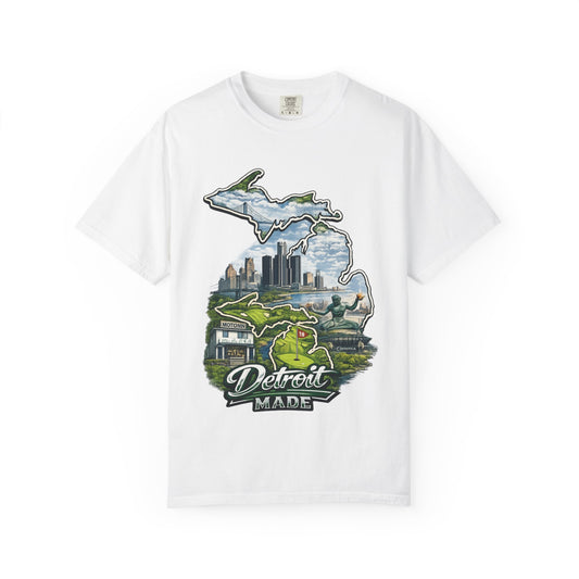 Detroit Made Michigan T-Shirt — State Outline with Detroit Skyline & Parks