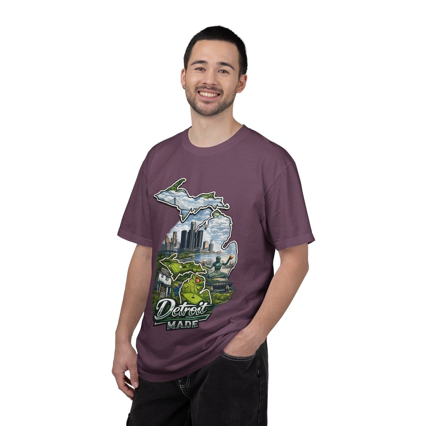 Detroit Made Michigan T-Shirt — State Outline with Detroit Skyline & Parks