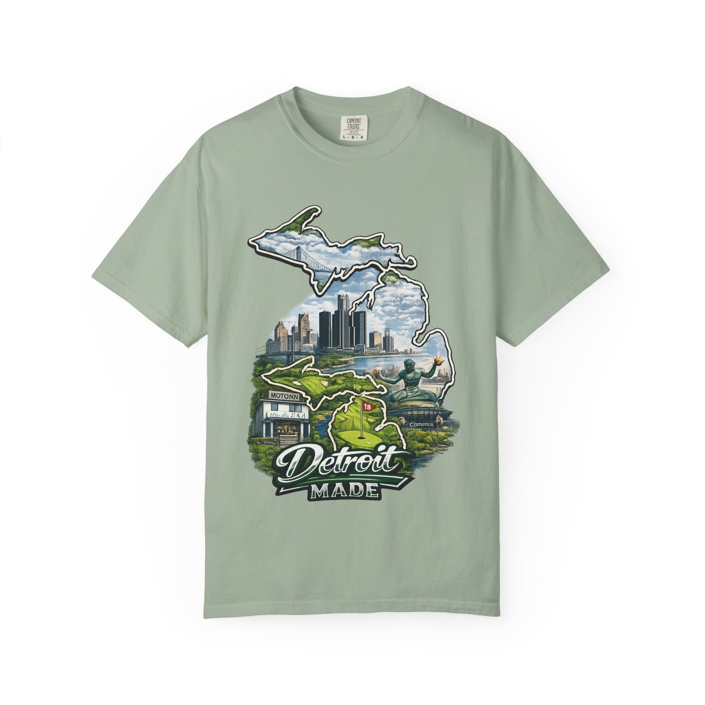 Detroit Made Michigan T-Shirt — State Outline with Detroit Skyline & Parks