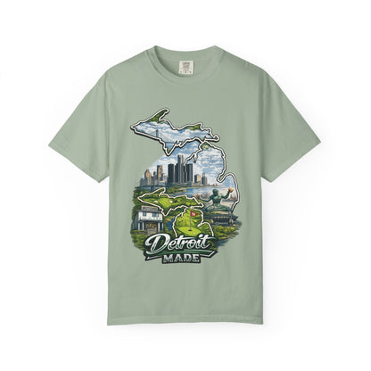 Detroit Made Michigan T-Shirt — State Outline with Detroit Skyline & Parks
