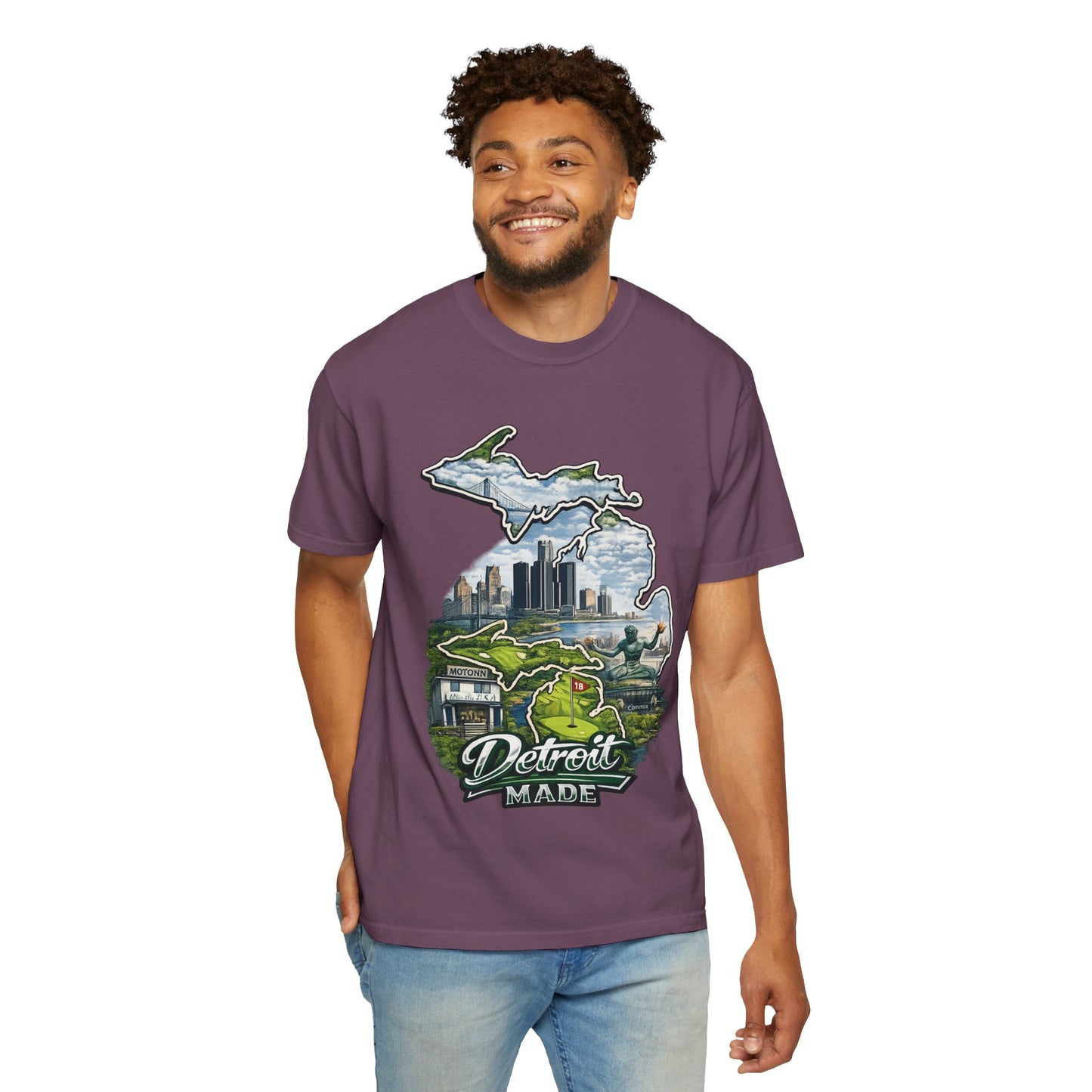 Detroit Made Michigan T-Shirt — State Outline with Detroit Skyline & Parks