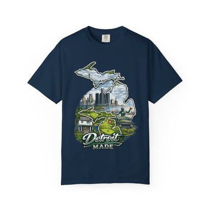 Detroit Made Michigan T-Shirt — State Outline with Detroit Skyline & Parks