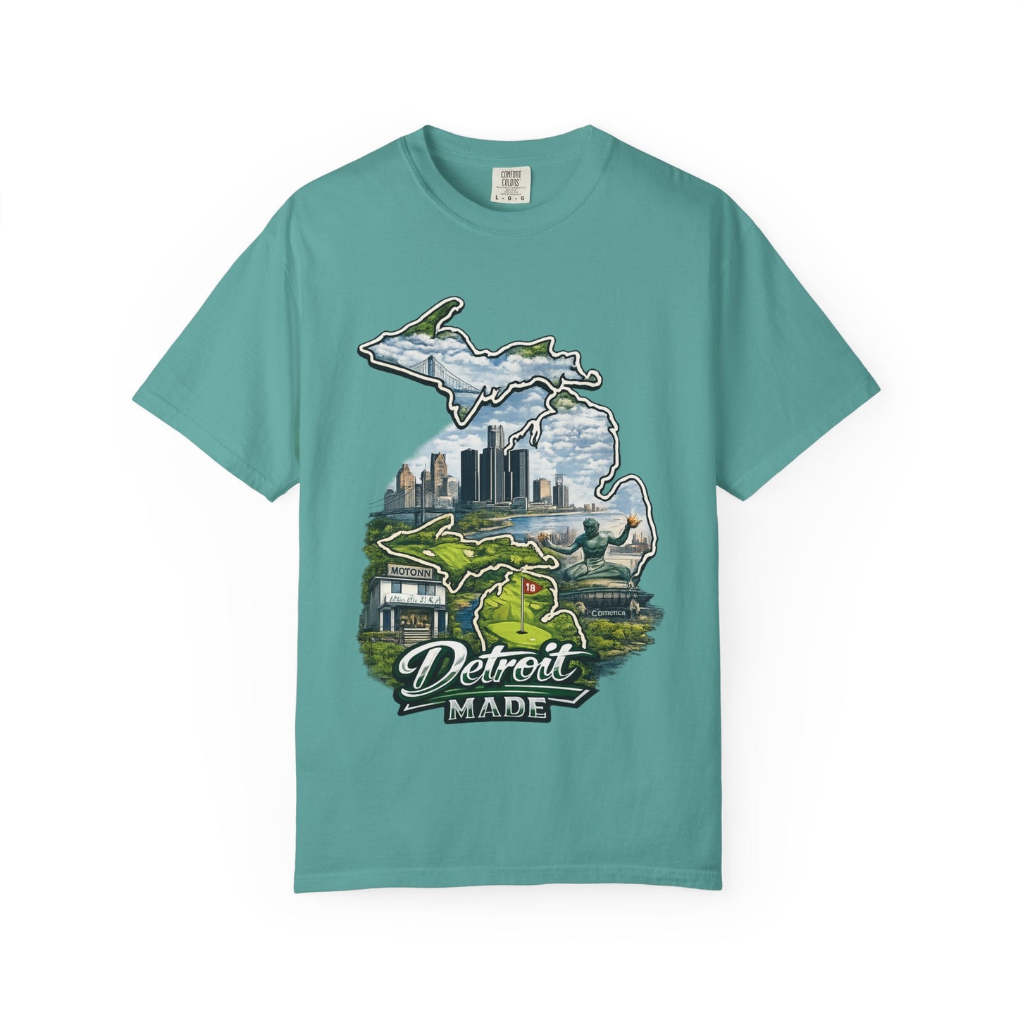 Detroit Made Michigan T-Shirt — State Outline with Detroit Skyline & Parks