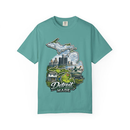 Detroit Made Michigan T-Shirt — State Outline with Detroit Skyline & Parks