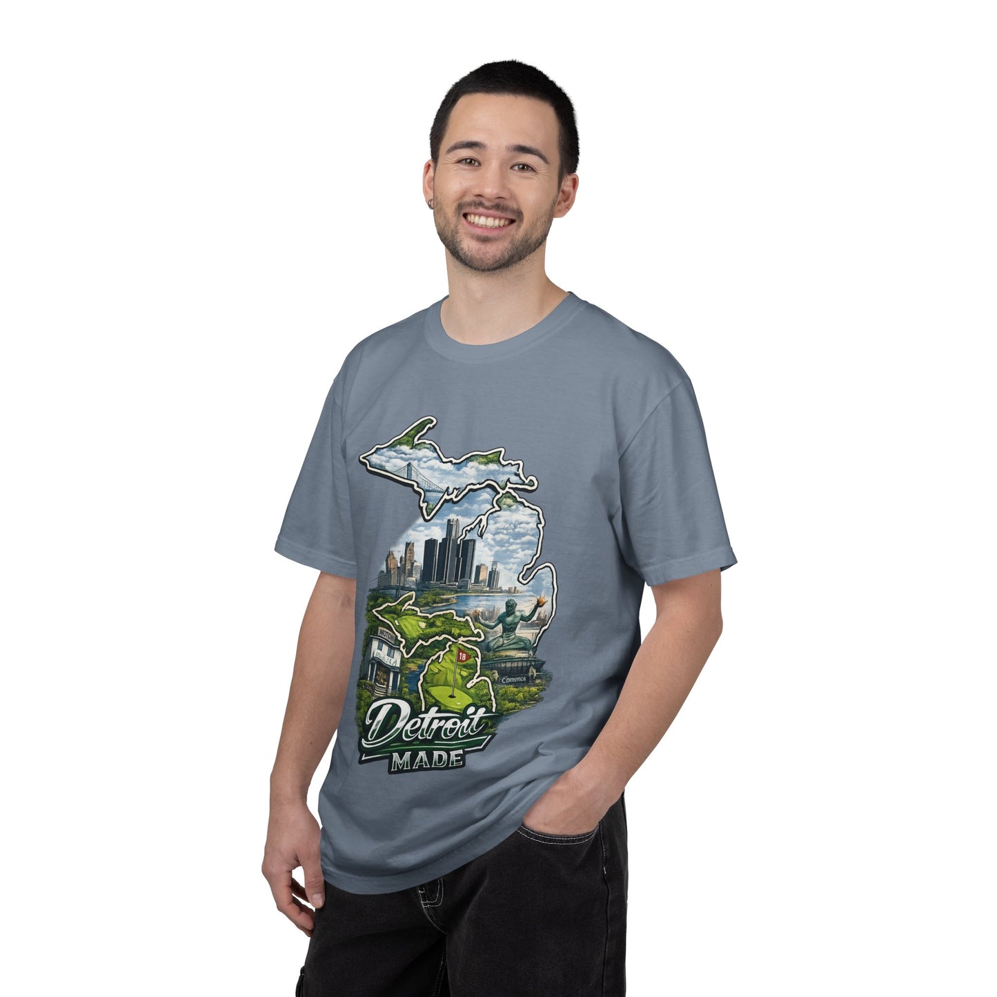 Detroit Made Michigan T-Shirt — State Outline with Detroit Skyline & Parks