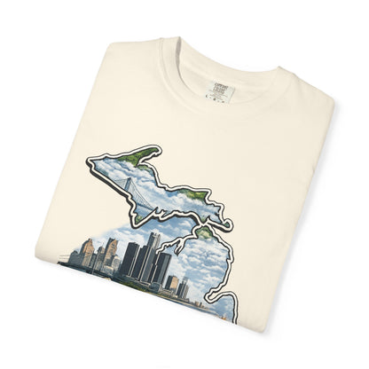 Detroit Made Michigan T-Shirt — State Outline with Detroit Skyline & Parks
