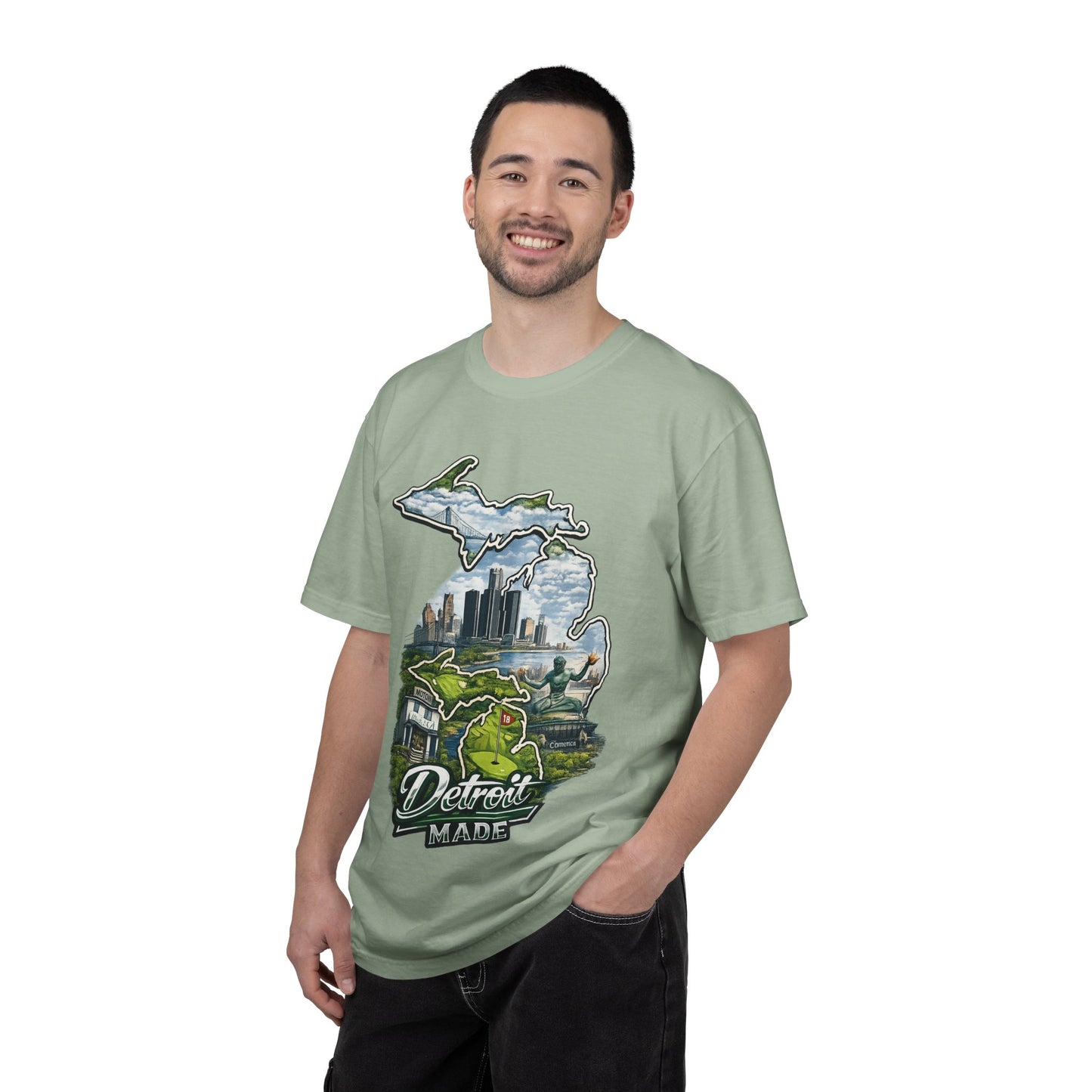 Detroit Made Michigan T-Shirt — State Outline with Detroit Skyline & Parks