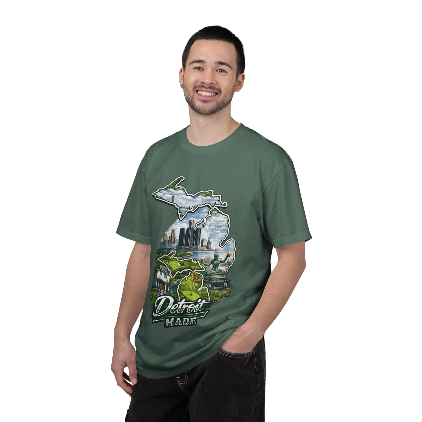 Detroit Made Michigan T-Shirt — State Outline with Detroit Skyline & Parks