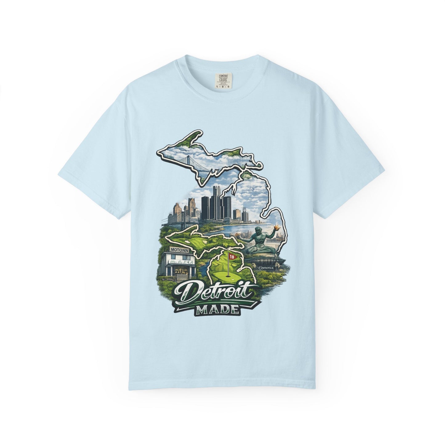 Detroit Made Michigan T-Shirt — State Outline with Detroit Skyline & Parks