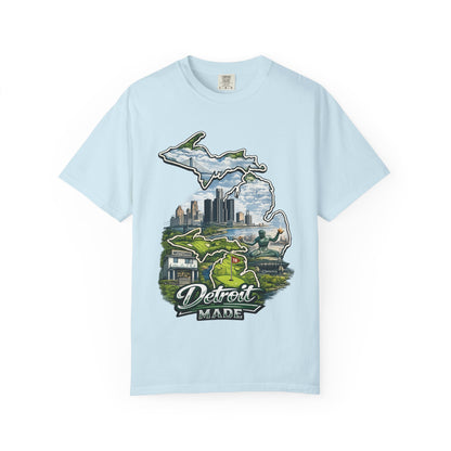 Detroit Made Michigan T-Shirt — State Outline with Detroit Skyline & Parks