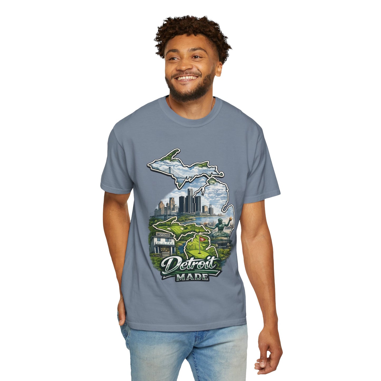 Detroit Made Michigan T-Shirt — State Outline with Detroit Skyline & Parks