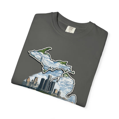 Detroit Made Michigan T-Shirt — State Outline with Detroit Skyline & Parks