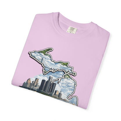 Detroit Made Michigan T-Shirt — State Outline with Detroit Skyline & Parks