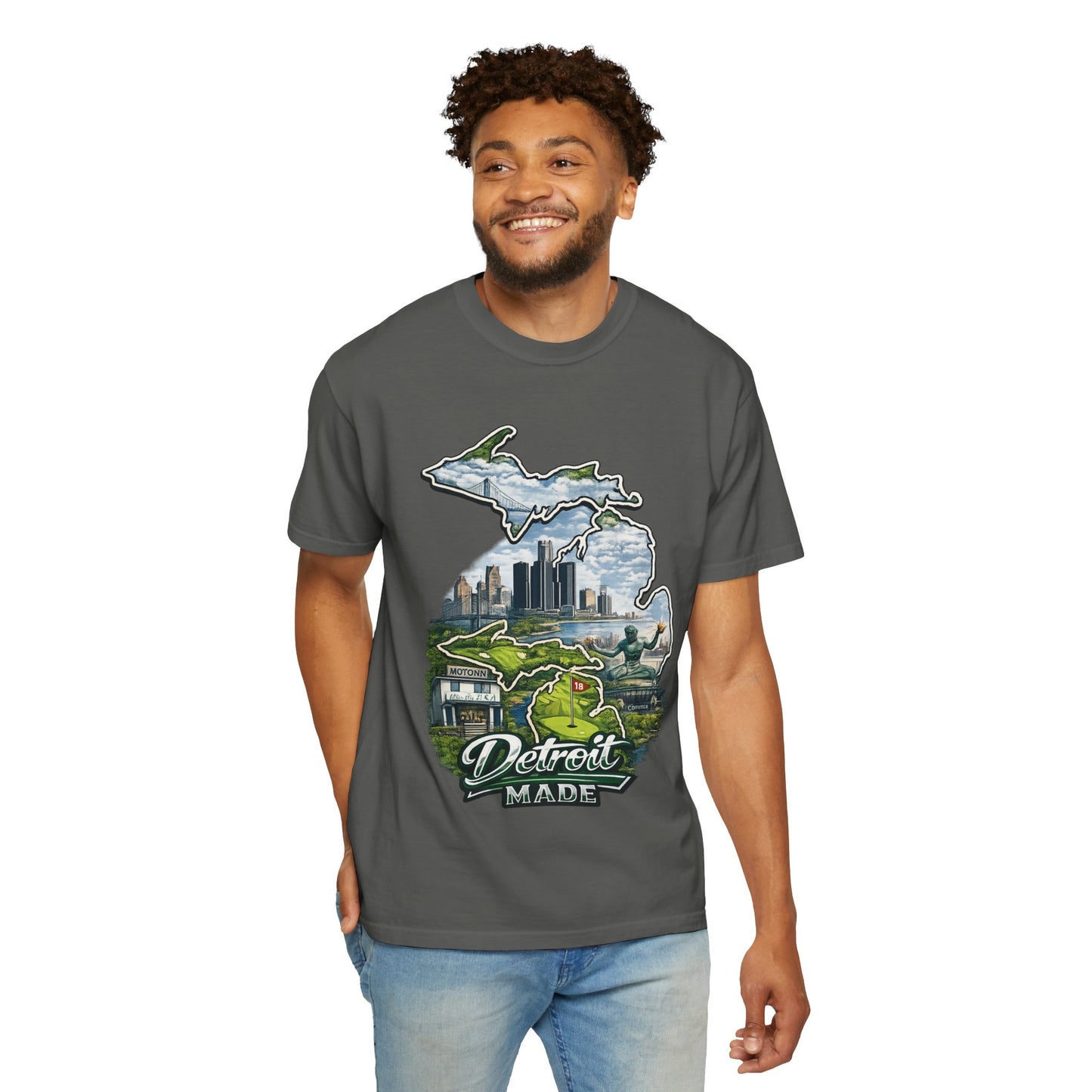 Detroit Made Michigan T-Shirt — State Outline with Detroit Skyline & Parks