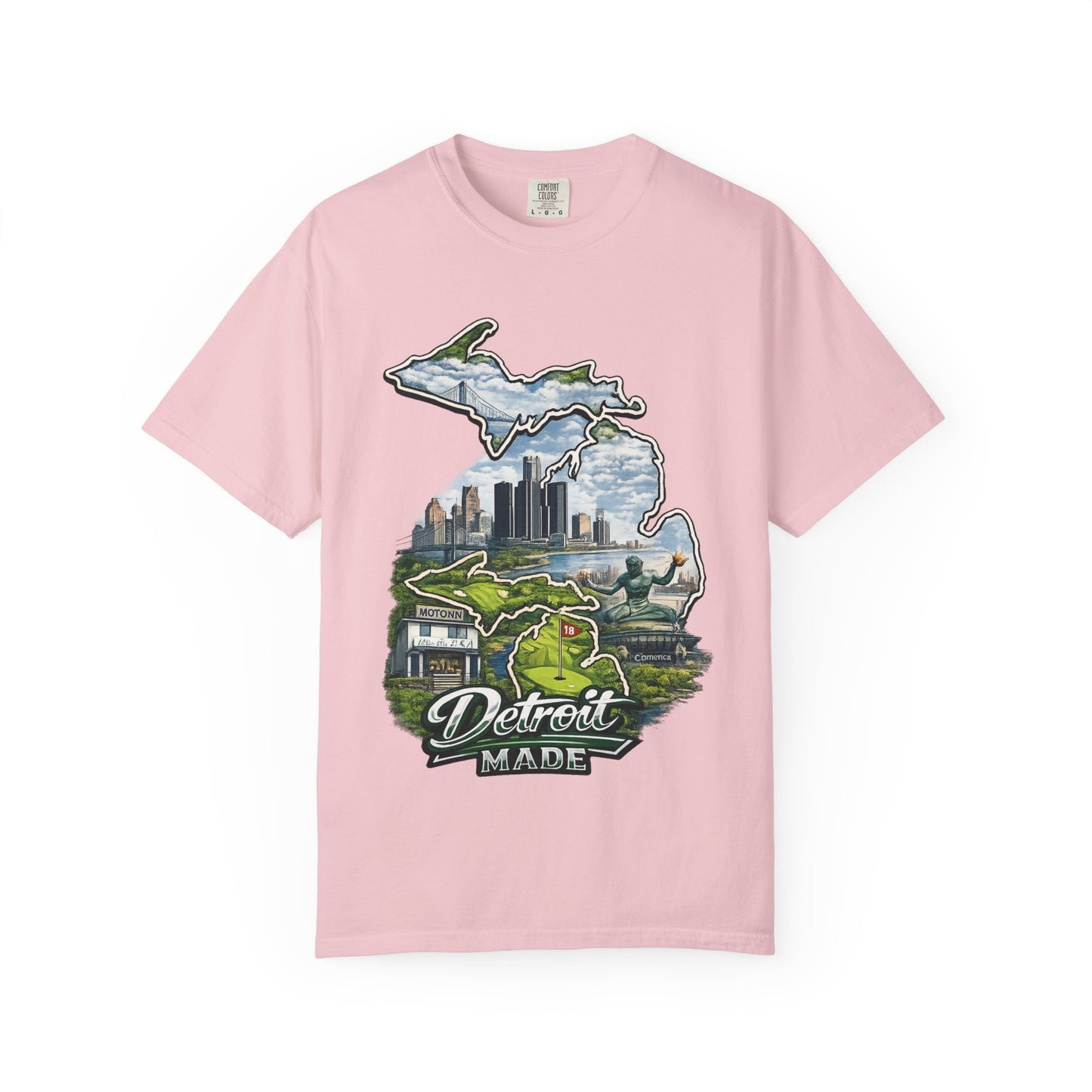 Detroit Made Michigan T-Shirt — State Outline with Detroit Skyline & Parks