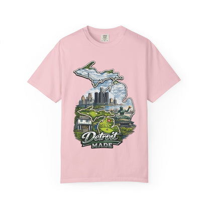 Detroit Made Michigan T-Shirt — State Outline with Detroit Skyline & Parks